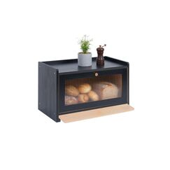 relaxdays Brotkasten mit Schneidebrett Bambus, Schwarz