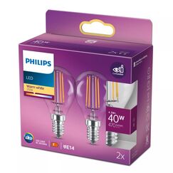 Philips Filament-Kerzenlampe, transparent 40W P45 E14 x2