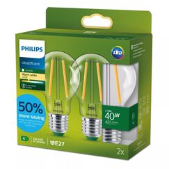 Philips Filament-Lampe, transparent, 40W A60 E27 x2