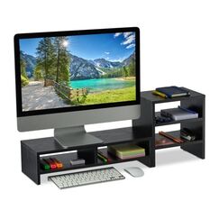 Relaxdays Monitorständer mit Ablagen Tisch/Bank Schwarz