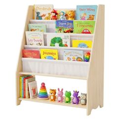 Relaxdays Kinderregal mit 4 Stofftaschen Spielzeug-Aufbewahrungsregale Wand-montiert Natürlich/Natur