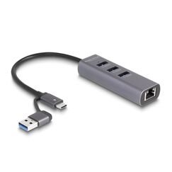 DeLOCK 3 Port USB 5 Gbps Hub + Gigabit LAN mit USB Type-C oder USB Typ-A Anschluss im Metallgehäuse