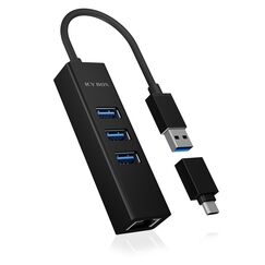 ICY BOX IB-HUB1419-LAN, USB 3.2 Gen 1 HUB und LAN Adapter, Type-A+C zu 3x USB 3.2 Gen 1 und Gigabit LAN, USB Type-A zu Type-C Adapter, Aluminium, schwarz