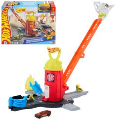 Hot Wheels City -Spielset „Super-Feuerwehrwache“ und Spielzeugauto im Maßstab 1:64, Strecke auf über 40 cm verlängerbar