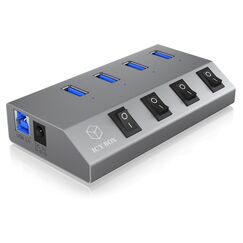 ICY BOX IB-HUB1405, 4 Port USB 3.2 Gen 1 Type-A Hub, Aluminium Gehäuse, mit 4x USB Type-A Anschlüssen, An-/Ausschalter für jeden Port, mit Netzteil