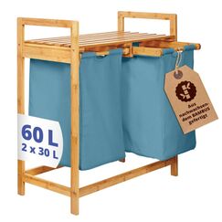 Lumaland 08445 Wäschekorb 60 l Rechteckig Bambus, Baumwolle, Polyester, Holz Bambus, Blau, Farbe: Bambus, Blau