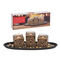 G. Wurm Teelichthalter 3er aus Holz, Glas Schwarz, gold 5er Set, (B/H/T) 39x13x14cm