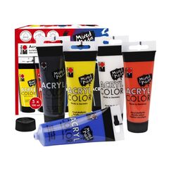 Marabu 1201000000087 Acrylfarbe 100 ml Vermilion, Schwarz, Blau, Weiß, Gelb Tube