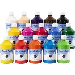 Creativ Company 32100 Acrylfarbe 500 ml Grün, Blau, Gelb, Orange, Rot, Pink, Weiß, Violett, Braun, Schwarz, Fleisch Flasche
