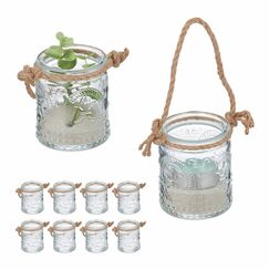 Relaxdays 4052025458171 Kerzenständer Glas, Hemp fibre Braun, Transparent
