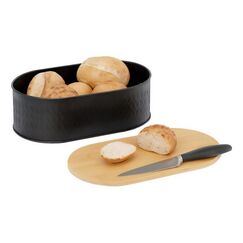 Relaxdays mit Schneidebrett Brotkasten Oval Schwarz, Natürlich/Natur Bambus, Metall