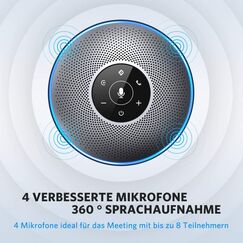 eMeet OfficeCore M2 Konferenz-Lautsprecher (inklusive 4 AI Array Mikrofonen, Echo- & Geräuschunterdrückung, 10 Stunden Akkulaufzeit, geeignet für bis zu 8 Personen, Bluetooth, AUX, USB, 360° Spracherkennung)