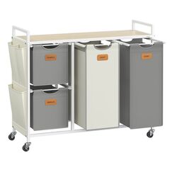 Vasagle BLH203G01 Wäschekorb 150 l Rechteckig Spanholzplatte, Oxford, Stahl Beige, Grau, Weiß