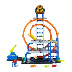 Hot Wheels City Mega-Parkgarage-Spielset mit 1 Die-Cast-Spielzeugauto und 1 Spielzeug-Hubschrauber im Maßstab 1:64