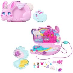 Polly Pocket 2-in-1-Bunny Fun Schatulle, tragbares Taschen-Spielset mit 2 Puppen und 12 Zubehörteilen inklusive Tieren