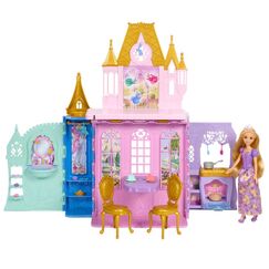 Disney Princess Rapunzel-Puppe und Schloss-Spielset zum Zusammenklappen und Mitnehmen mit 5 Spielbereichen und 20 Zubehörteilen
