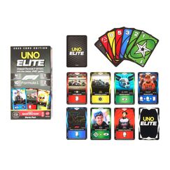 Mattel Games UNO Elite Formel 1 2025 Core Edition Kartenspiel-Starterset mit 4 Erweiterungssets und 2 Promo-Karten