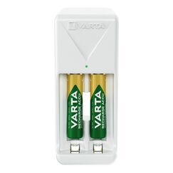 Varta Akku Ladegerät, inkl. 2X AAA 800mAh, Batterieladegerät für wiederaufladbare Batterien, lädt 2 AA/AAA gleichzeitig, Mini Charger, weiß
