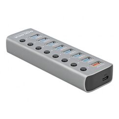 DeLOCK USB 5 Gbps Hub mit 7 Ports + 1 Schnellladeport + 1 USB-C PD 3.0 Port mit Schalter und Beleuchtung