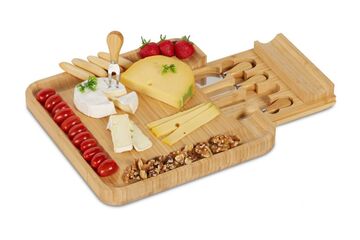 Relaxdays Käsebrett mit Besteck Küchen-Schneidebrett Rechteckig Bambus, Edelstahl Natürlich/Natur