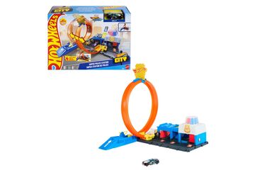 Hot Wheels City Super Polizeiwache-Spielset mit Spielzeug-Polizeiwagen im Maßstab 1:64 und anpassbarer Rennbahn mit Looping.
