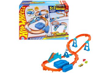 Hot Wheels Track Builder Track Creator Beschleuniger-Sprung-Schnellstrecke-Set mit Spielzeugauto im Maßstab 1:64 und motorisiertem Beschleuniger