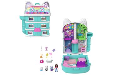 Polly Pocket Minipuppen und Spielset, Schatulle von Gabby’s Dollhouse mit 9 Zubehörteilen und Katzenfreunden