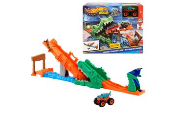 Hot Wheels Monster Trucks Crocodile Crash Challenge Spielset und Mega-Wrex-Spielfahrzeug im Maßstab 1:64