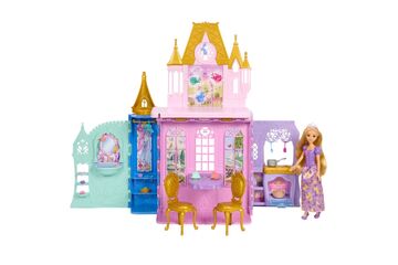 Disney Princess Rapunzel-Puppe und Schloss-Spielset zum Zusammenklappen und Mitnehmen mit 5 Spielbereichen und 20 Zubehörteilen