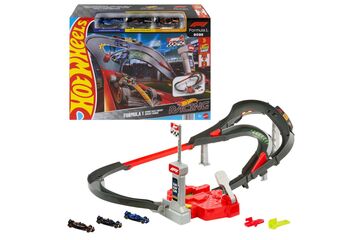 Hot Wheels City Racing Formel-1-Rennstrecke-Trackset mit 3 Die-Cast-Spielzeugautos im Maßstab 1:64