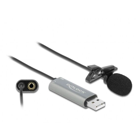 DeLOCK USB Krawatten Lavalier Mikrofon Omnidirektional 24 Bit / 192 kHz mit Clip und 3,5 mm Stereoklinken-Kopfhöreranschluss