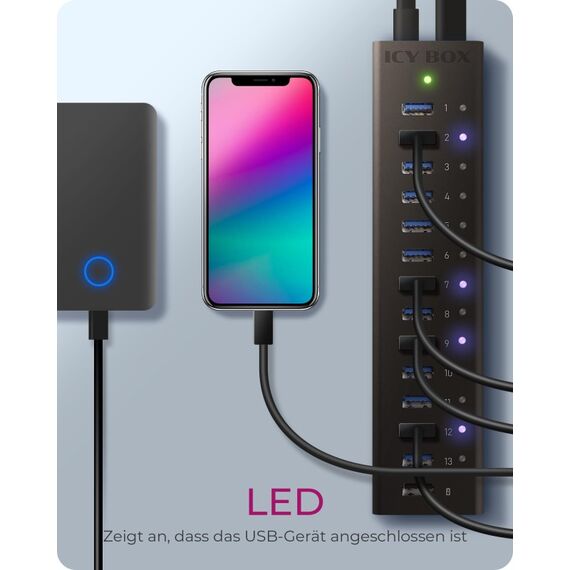 ICY BOX IB-AC6113, 13 Port USB3.0 Hub + 1x Ladeport, Aluminium Gehäuse mit Netzteil, 2 image