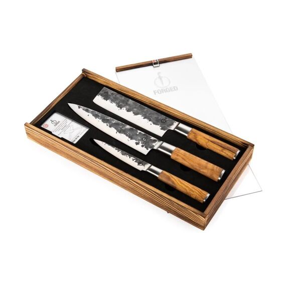 Forged 3tlg Olive Messerset Japanstahl 440C, 58 HRC