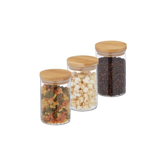 Relaxdays Vorratsglas mit Bambusdeckel 3er Set, 3 x 800 ml