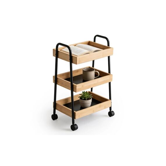 relaxdays Rollwagen Bambus 3 Ebenen H x B x T ca. 73 x 45,5 x 28 cm