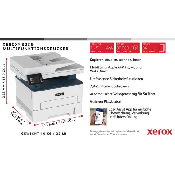 Xerox B235 A4 34 Seiten/Min. Wireless Duplex Kopie/Druck/Scan/Fax PS3 PCL5e/6 Automatischer Vorlageneinzug 2 Behälter Gesamt 251 Blatt, 4 image