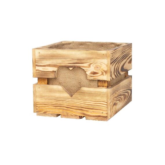 Holz Zollhaus Dekokiste mit Herzauschnitt Jutesack, geflammt, Kiefer, 30x30x25 cm