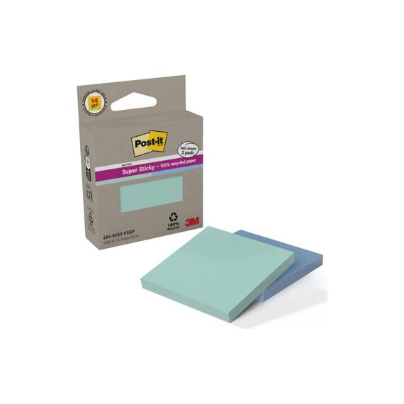 Post-It 3M Post-it Super Sticky Recycling Notes 2 Blöcke à 70 Blatt, 76x76mm, mint, blau