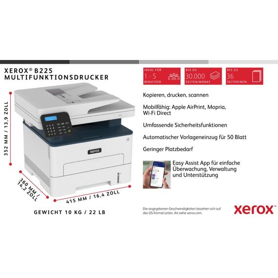 Xerox B225 A4 34 Seiten/Min. Wireless Duplex Kopie/Druck/Scan PS3 PCL5e/6 Automatischer Vorlageneinzug 2 Behälter Gesamt 251 Blatt, 4 image
