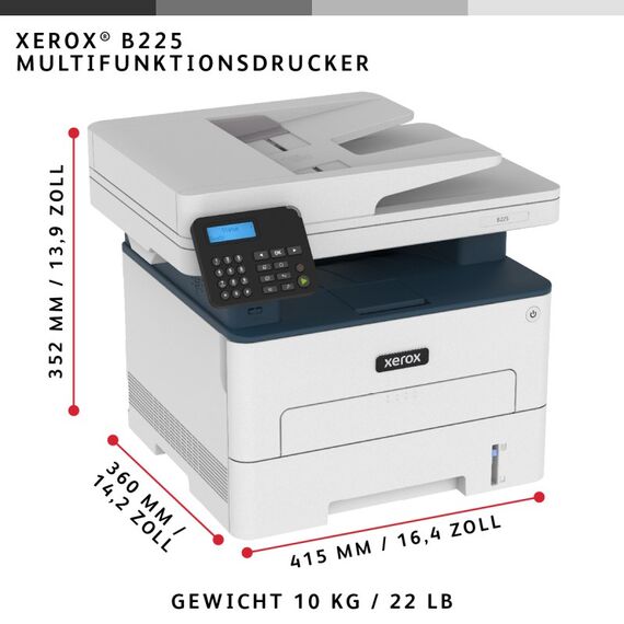 Xerox B225 A4 34 Seiten/Min. Wireless Duplex Kopie/Druck/Scan PS3 PCL5e/6 Automatischer Vorlageneinzug 2 Behälter Gesamt 251 Blatt, 5 image