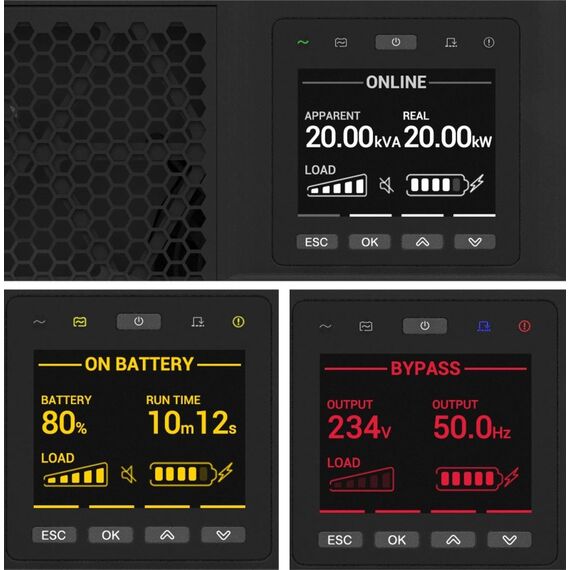 APC Smart-UPS On-Line, 20kVA/20kW, Rack/Tower, 230V/380V..415V, Festverdrahtung 3-adrig (1P+N+E) + 5-adrig (3P+N+E), Netzwerkkarte, o. Rack-Einbausatz