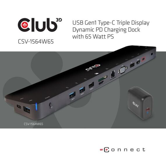 CLUB3D UNIVERSAL USB Gen1 Typ-C Triple Display Dynamic PD Ladestation mit 65 Watt PS (VGA, HDMI, DP, ETHERNET)