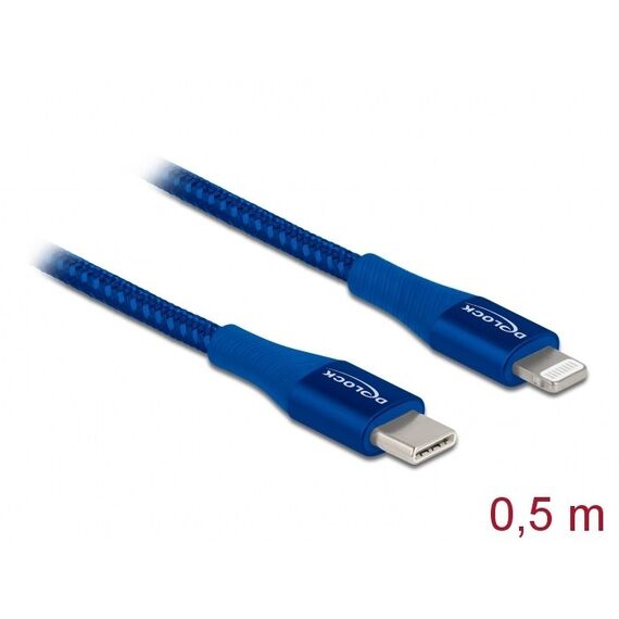 DeLOCK Daten- und Ladekabel USB Type-C zu Lightning für iPhone, iPad und iPod blau 0,5 m MFi, Farbe: Blau, Länge: 0,5 m