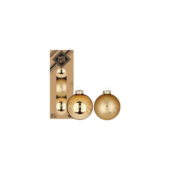 Holly & Jolly H&J Weihnachtskugel Brocade Gold, 3 Stück dekoriert, Glas, D: 8 cm