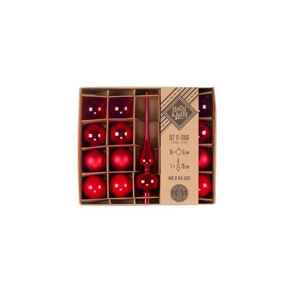 Holly & Jolly H&J Weihnachtskugel Merry Red mit Spitze 17 Stück, Glas, 16x D: 6cm