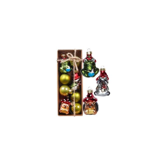 Holly & Jolly H&J Weihnachtskugel Mini 8 Stück, 3-7 cm Frosch, Waschbär, Igel, Glas