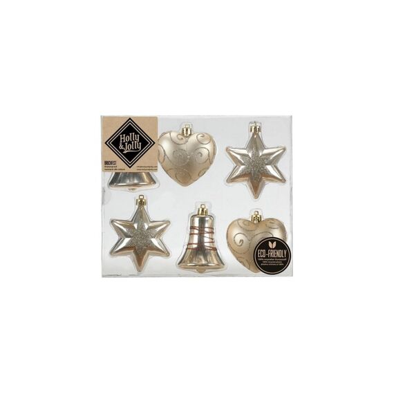 Holly & Jolly H&J Weihnachtskugeln Creamy Gold, 6 Stk. verschiedene Formen, 8 cm, Kunststoff