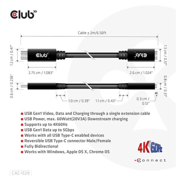 CLUB3D USB Gen1 Type-C Extension Cable 5Gbps 60W(20V/3A) 4K60Hz M/F 2m/6.56ft, 3 image