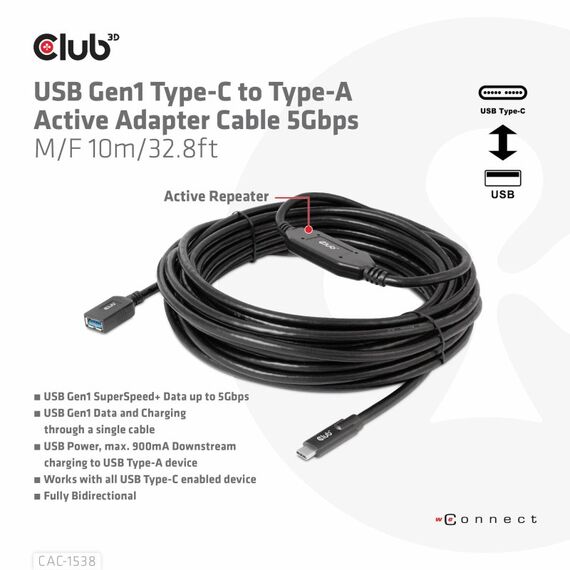 CLUB3D USB Gen1 Type-C to Type-A Active Adapter Cable 5Gbps M/F 10m/32.8ft, 2 image