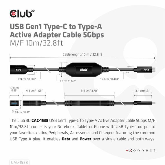 CLUB3D USB Gen1 Type-C to Type-A Active Adapter Cable 5Gbps M/F 10m/32.8ft, 3 image